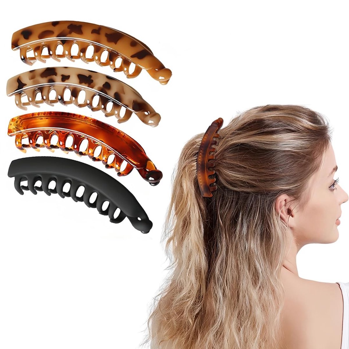 Dailygoods- Bananenhaarspelden 4 stuks - Bananenkam - Haarklauw - Paardenstaart-klem - Dames/meisjes - Hoogwaardig kunststof - Haarklem