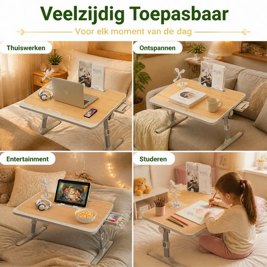 Veelzijdig inzetbare bedtafel voor thuiswerken, ontspannen, entertainment en studeren. Houtkleurig met grijze poten.