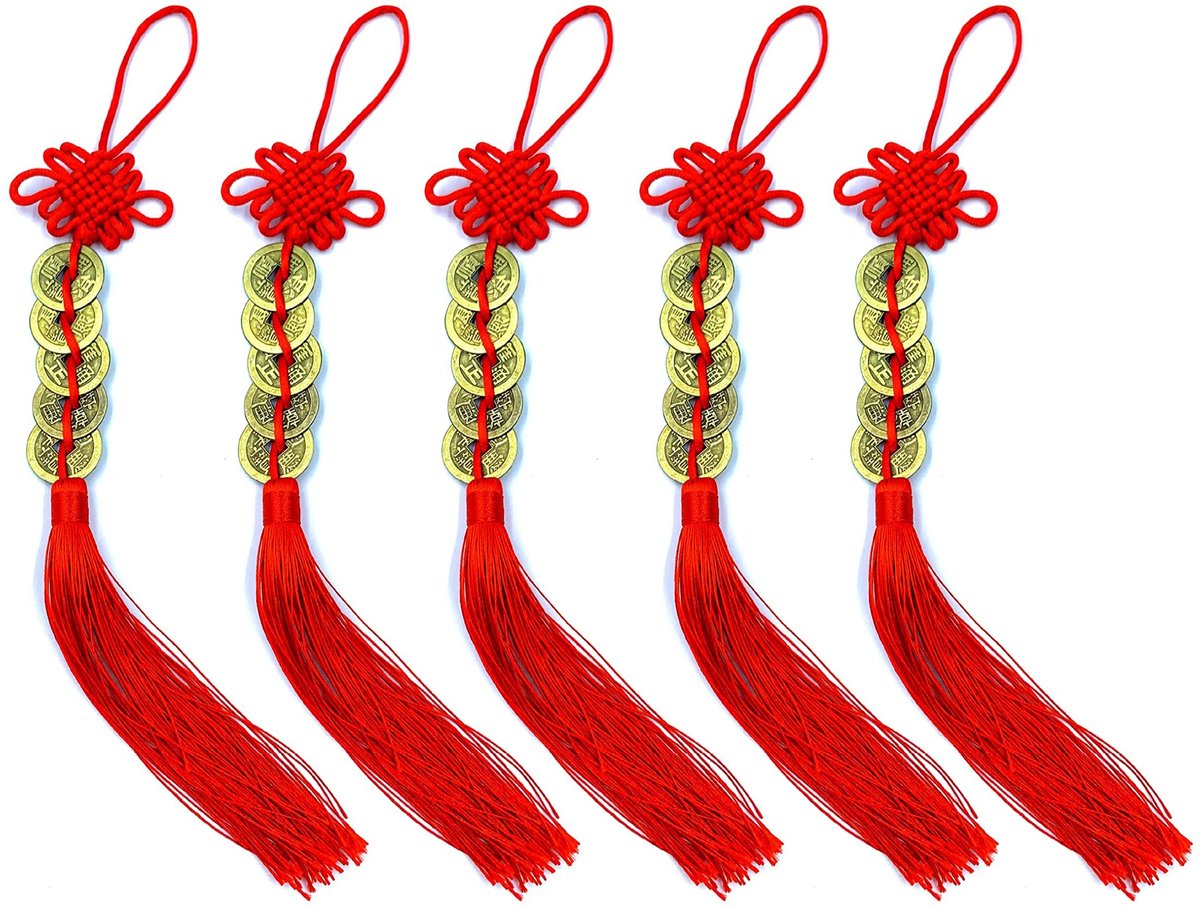 Dailygoods- Geluksmunten Antiek 5 Stuks - Feng Shui Munten - Chinese Knoop - Messing Decoratie - Rijke Zegenzak - 35x2,4 cm
