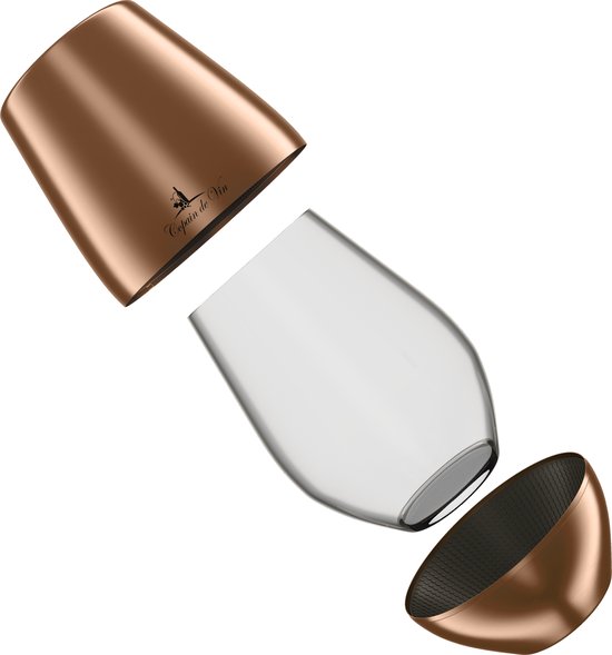 Een glazen wijnglas met koperkleurige, steel-loze behuizing, deels geopend.