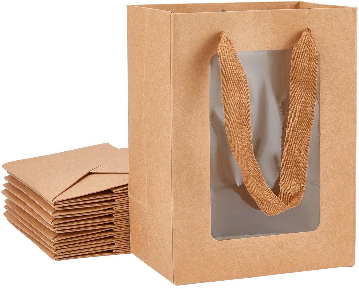 Dailygoods- Cadeauzakjes 10 Stuks - Kraftpapieren Zakjes 20 x 15 x 10 cm - Helder Venster - Sieraden Bewaren - Bruiloft - Valentijnsdag - Verpakkingszakjes