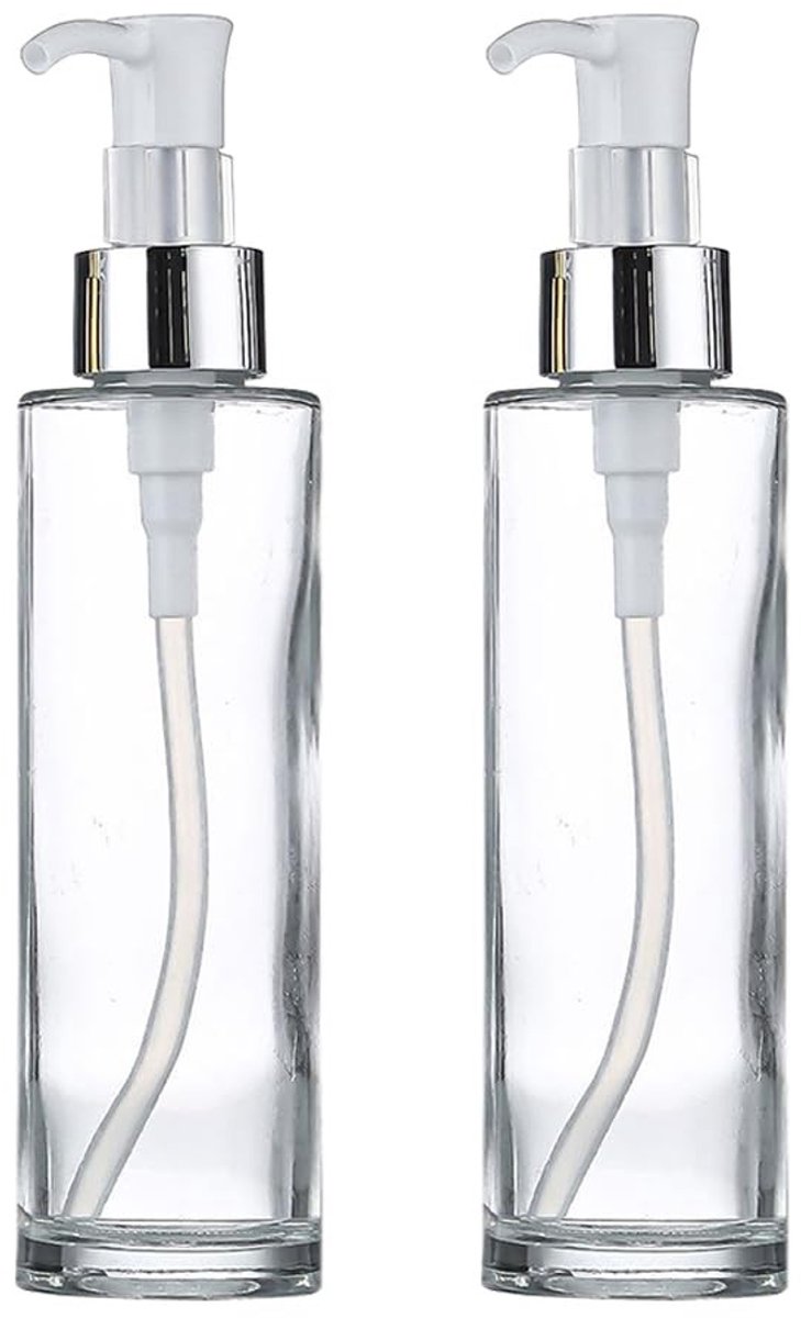 Dailygoods- Lotion Pomp Fles Set van 2 - Glazen Zeepdispenser - 120ml/4oz - Transparant - Met Plastic Pomp - Voor Etherische Oliën en Shampoo