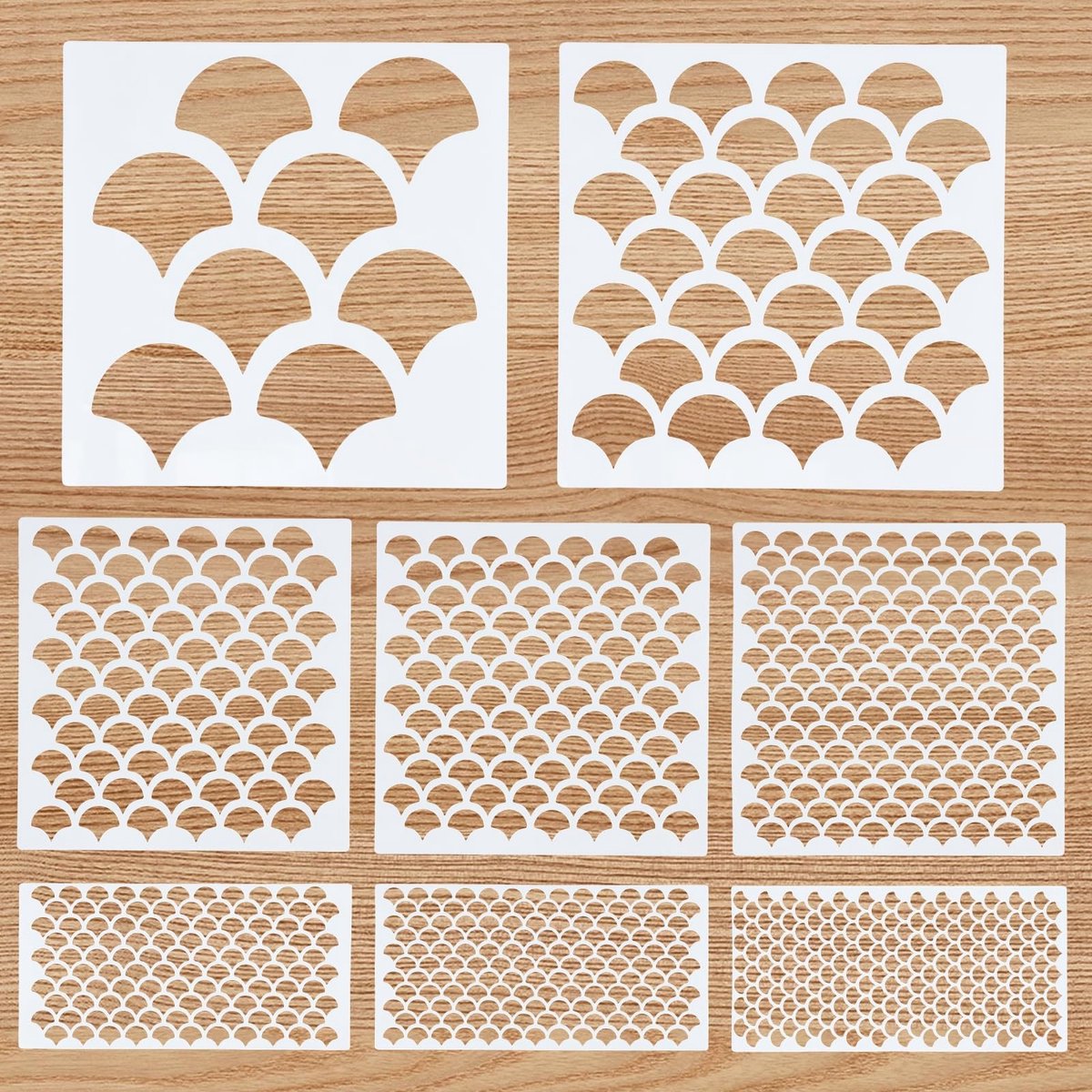 Dailygoods- Visschubbensjablonen 8 stuks - Herbruikbare sjablonen - Schilderen - Gezichtsmake-up - Decoratie - Hoogwaardig PET materiaal - Afmetingen 15x7,5/15x15/20x20 cm
