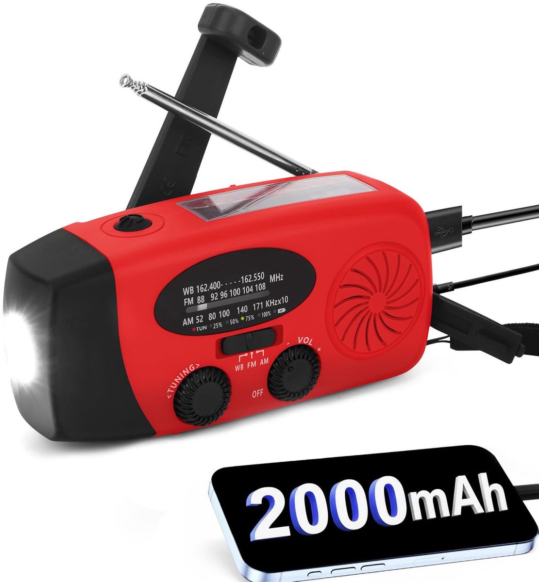 Dailygoods- Noodweerradio Draagbaar - AM/FM/NOAA/WB - 2000 mAh Batterij - Zonne-energie/Handslinger - Zaklamp - Voor Buiten/Kamperen - Noodradio