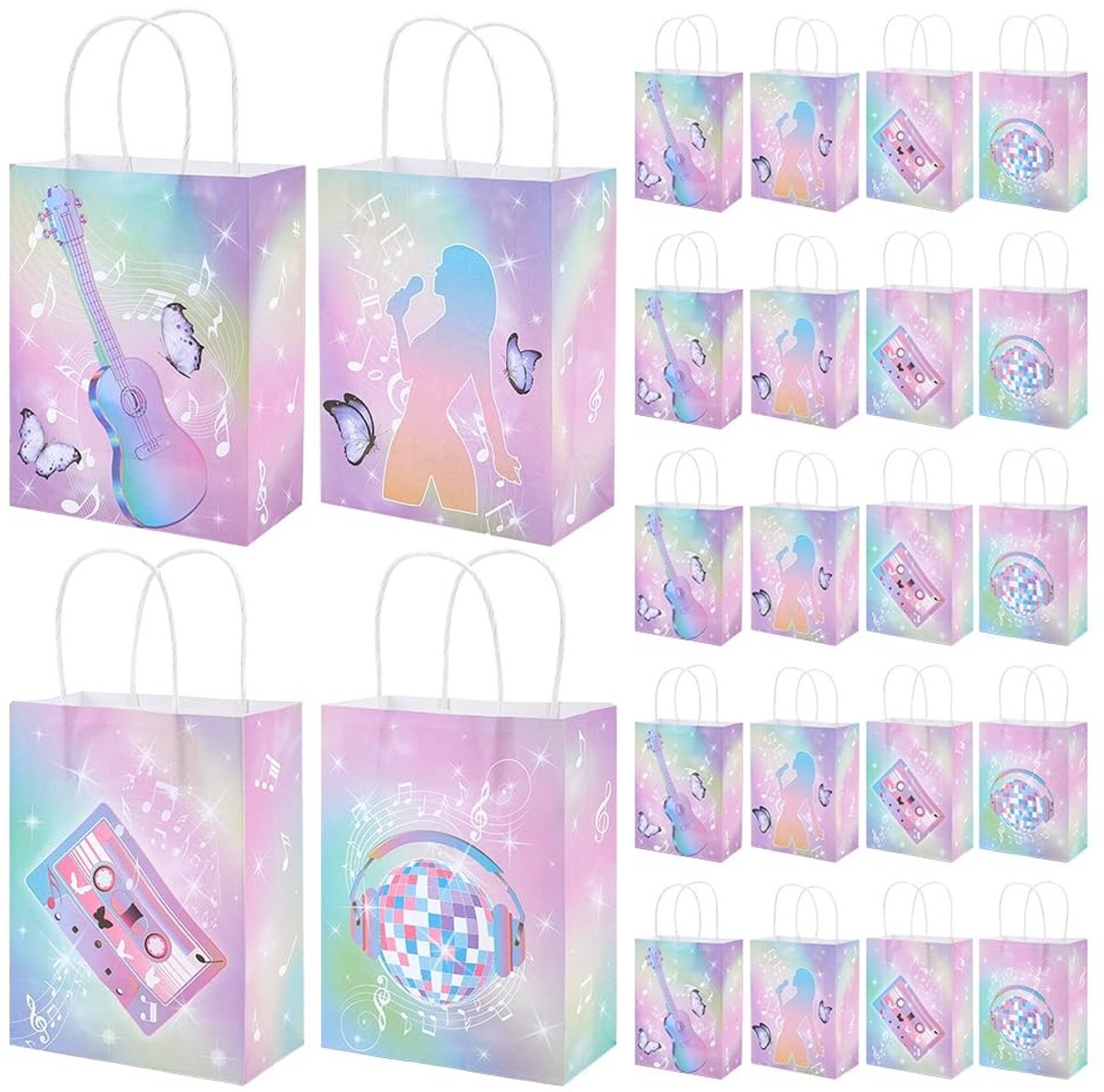 Dailygoods- Papieren Zakjes 24 Stuks - Feestcadeautas met Handgrepen - Muziek/Thema - Regenboog - Snackverpakking - Afmetingen 16x21x8 cm - Cadeautas