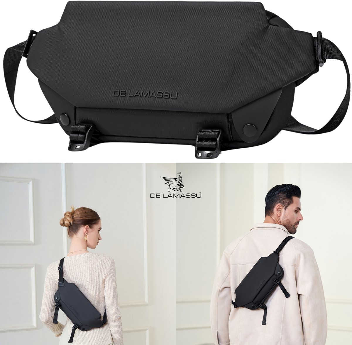 DE LAMASSU® Evan Heuptas voor Heren & Dames - Zwart - Waterdichte Heuptas - Lichtgewicht & Compact - Heuptas met Flesvak - Ideaal voor Reizen, Werk, Hardlopen & Dagelijks Gebruik