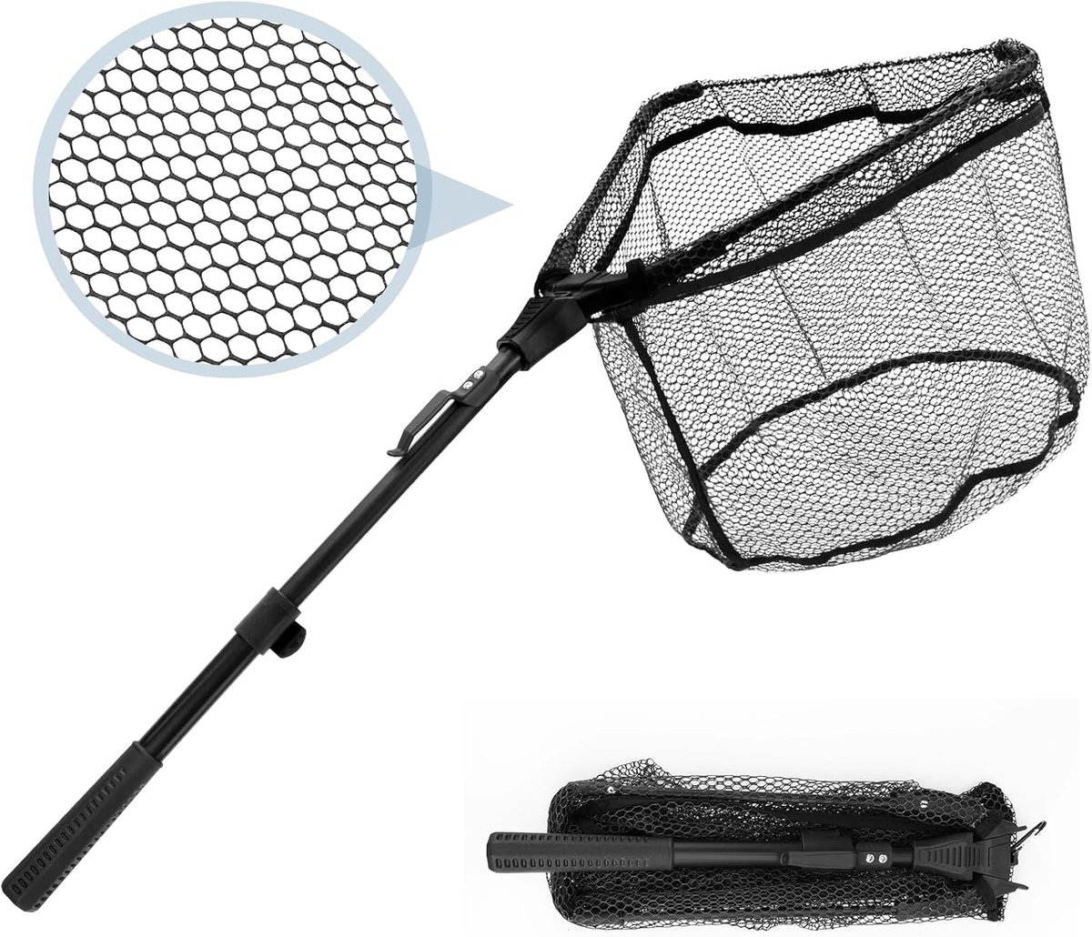 Visgerei - Opvouwbaar Schepnet - 90 cm Uitklapbaar - Rubber Coating en Telescopisch - Voor Karper Forel en Zalmvissen - Zwart