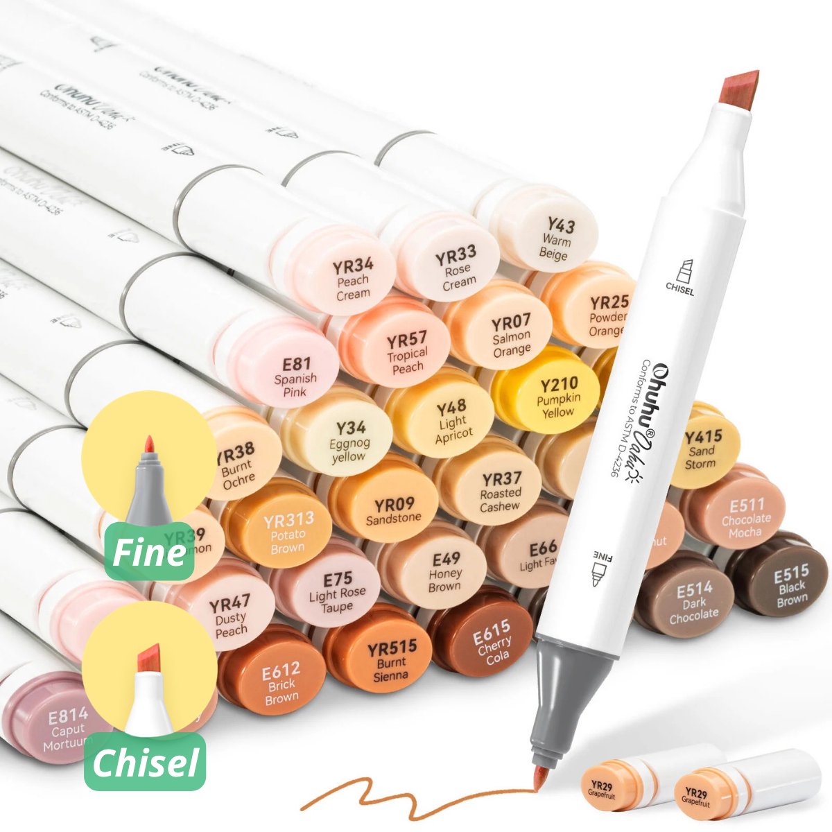 Ohuhu - Oahu Fine & Chisel - Alcohol Art Markers - 36 Skin Tone kleuren
