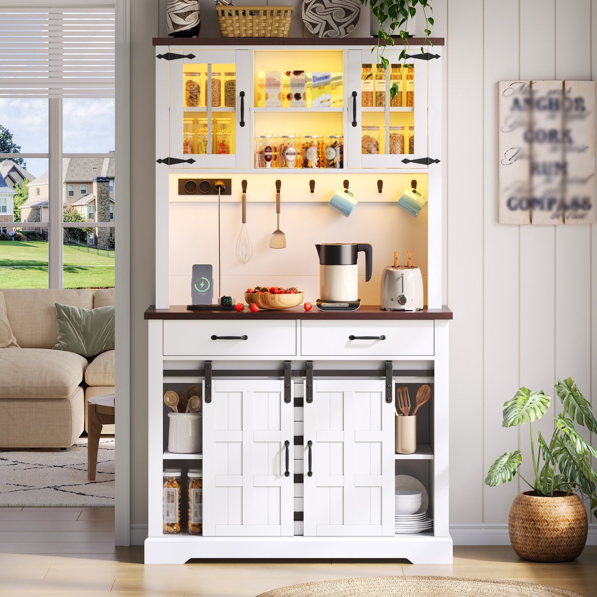 Keukenkast, buffetkast, dressoir met stopcontact en ledverlichting, keukenmeubel met werkblad, 6 lades, verstelbare planken, haken, 180×108×40 cm, wit