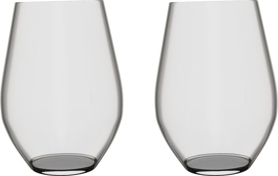 Twee doorzichtige, kristallen wijnglazen zonder steel, met ovale vorm.