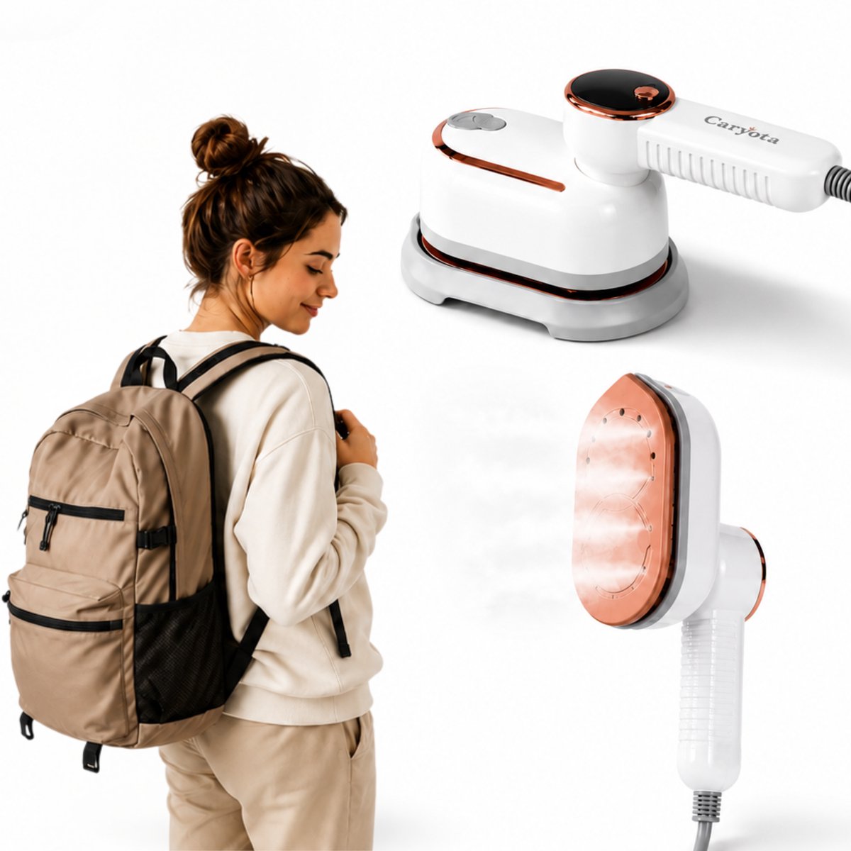 Caryota Reis Strijkijzer 2-in-1 - 3 Stoomstanden - 1400W - In 15s warm - 180° Roteerbare Stoomkop - Kledingstomer - LCD - Senioren - Steamer - Lichtgewicht