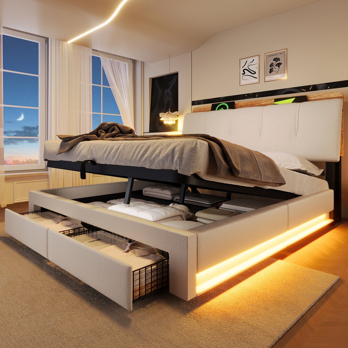 HAUSS SPOLE Gestoffeerd Bed 140x200 cm - Met Opbergruimte USB en Ledverlichting - Zonder Matras - Linnen - Beige