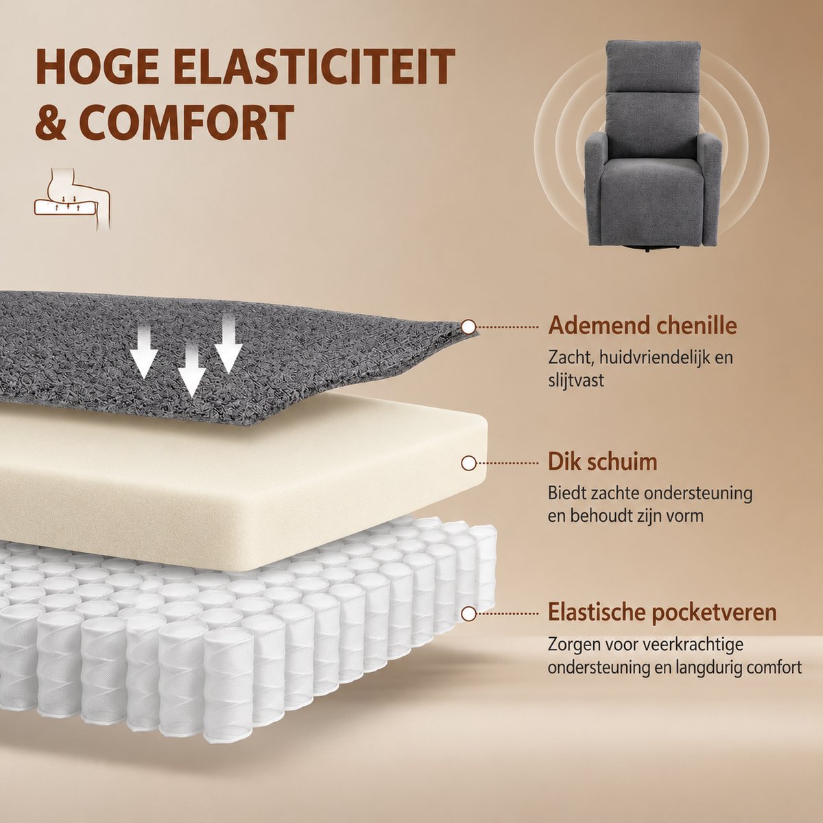 Relaxfauteuil - Relaxzetel - Massagestoel - Relaxstoel - Fauteuil - Stoel - Met armleuning - Voor één Persoon - Donkergrijs – foto 6