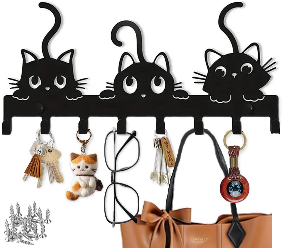 Dailygoods- Sleutelrek kattendecoratie - Sleutelbord met 8 haken - Metalen sleutelopslag - Decoratief wandrek - Stijlvol zwart ontwerp - Afmetingen 12 × 26 cm