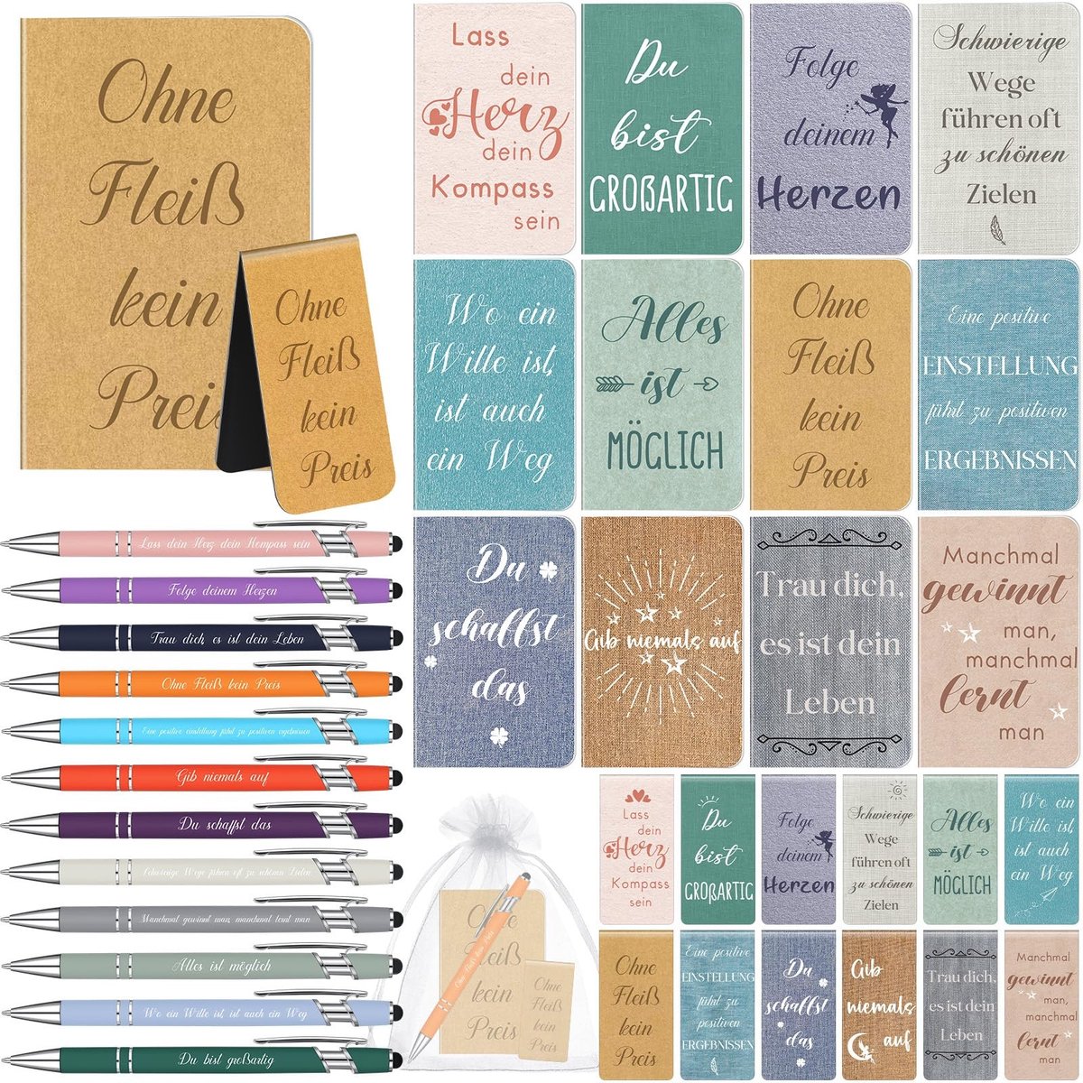 Dailygoods- Bedankcadeaus 12 Sets - Mini-notitieblokken - Balpen met Spreuk - Magnetische Bladwijzer - Afscheidscadeau - Inspirerende Cadeaus