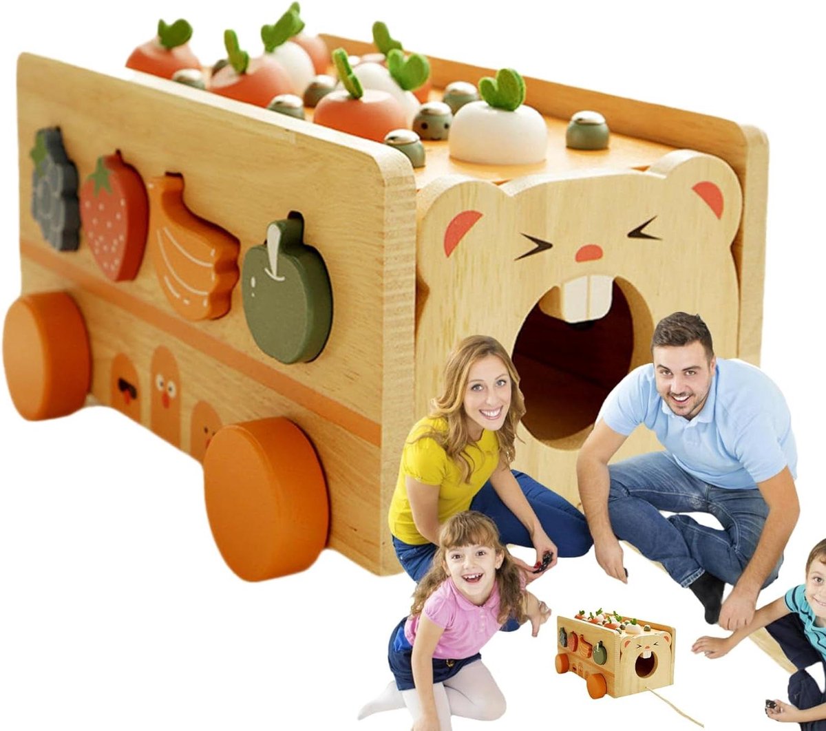 Houten Vormensorteerder - Worteltrekken spel - Spelenderwijs Leren - Interactief Auto Design - 23 x 16 x 12.5 cm - Houtkleur