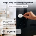 Een hand steekt de witte Siltcon dongle in de HDMI-poort van een zwarte TV. "Plug & Play: Eenvoudig in gebruik" staat links.
