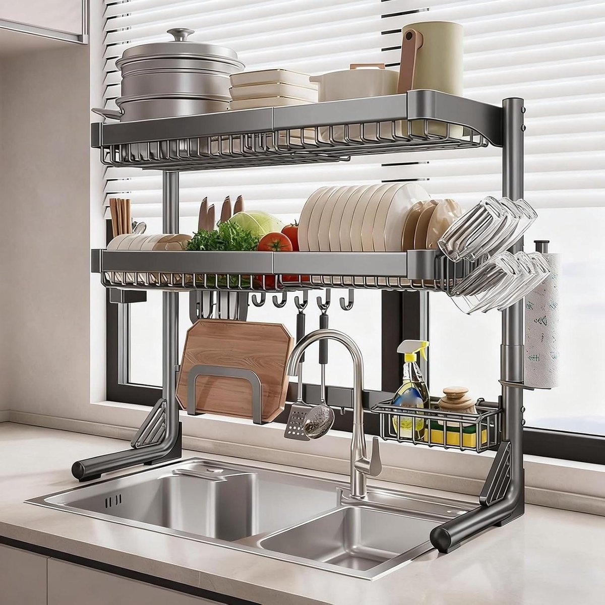 Afwasrek Boven Gootsteen - Keuken Organizer - Keuken Opbergen - Verstelbare Lengte - 81 cm - Grijs