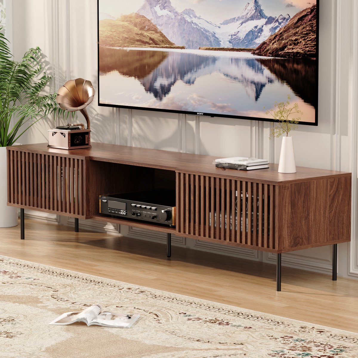 HOMMPA TV-meubel 176 cm - TV-kast in Mid-Century Modern Stijl met 2 Lameldeuren, Open Vakken en Opbergruimte - Walnootkleur