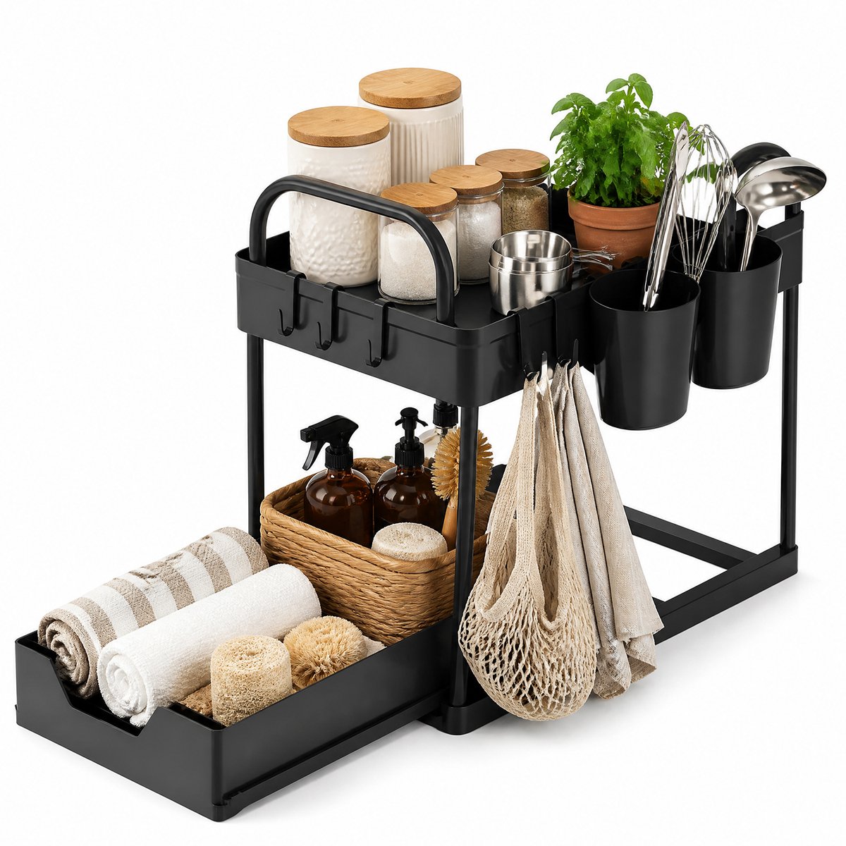 Keuken Onderkast Organizer 2-Laags - Zwarte Spoelbak Opbergrek - ABS en Staal Keukenrek - Zonder Boren Badkamer en Keuken Organizer