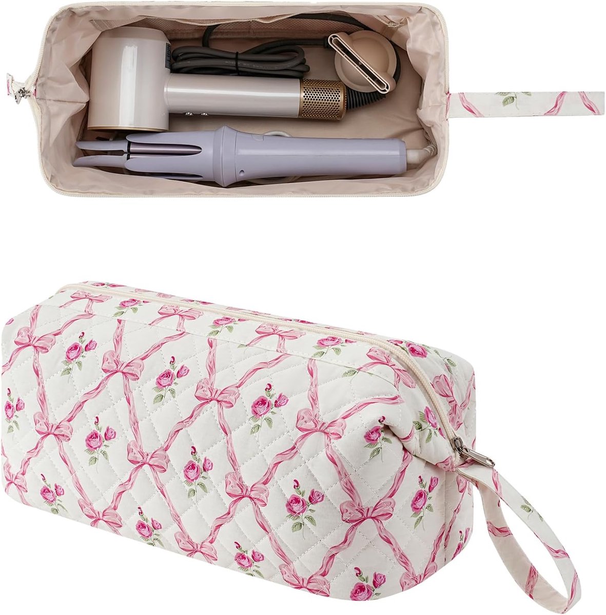 Grote gewatteerde reistas voor haarstylingtools met strikpatroon - Waterdichte opbergtas voor haarstylingaccessoires zoals de Shark FlexStyle, Dyson Airwrap föhn, krultang en Revlon haarstylingtools - Roze