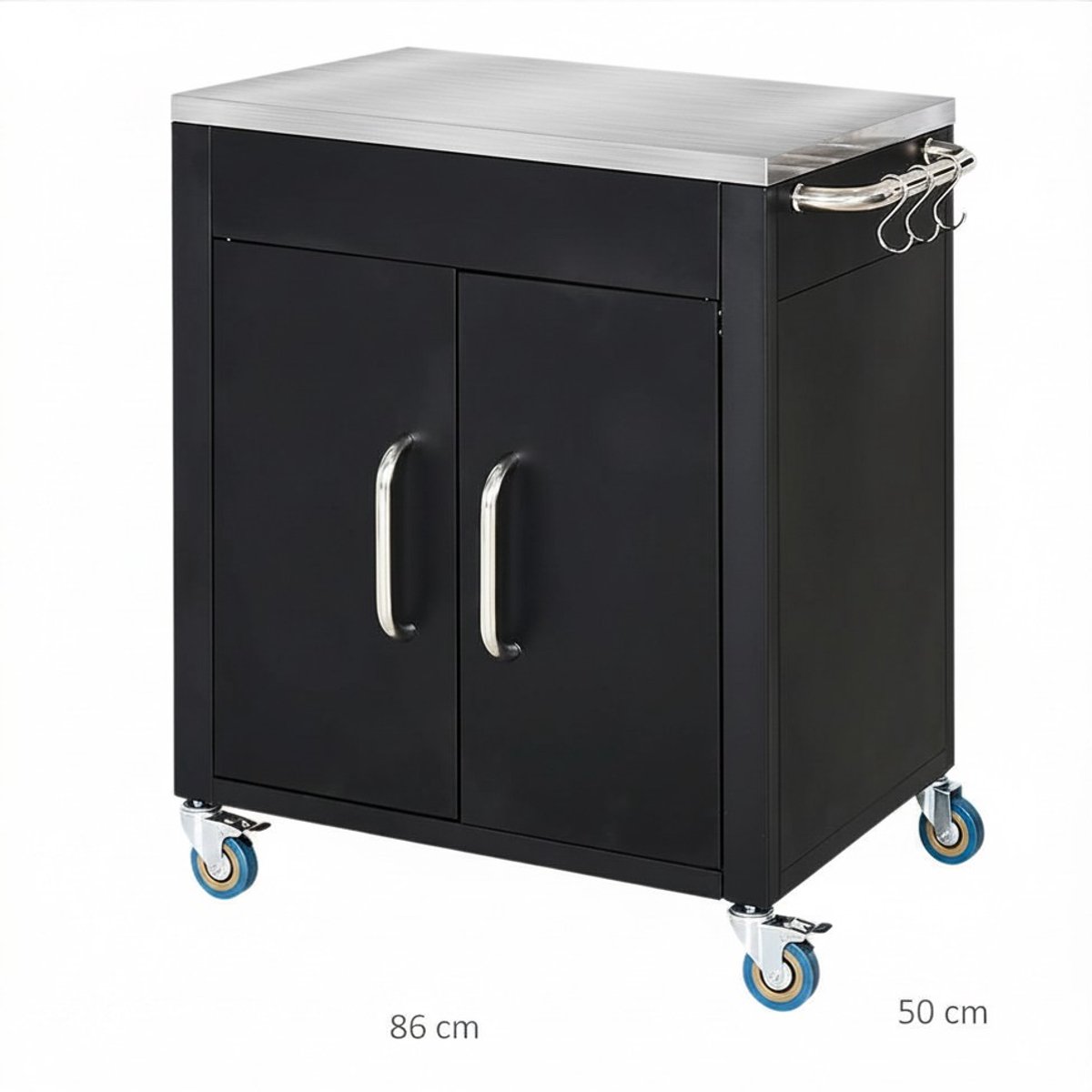 HomeGoodies - BBQ trolley - Keukentrolley - Serveerwagen - RVS werkblad – Met wieltjes - Met kast en 6 haken – 86x50 cm – Zwart