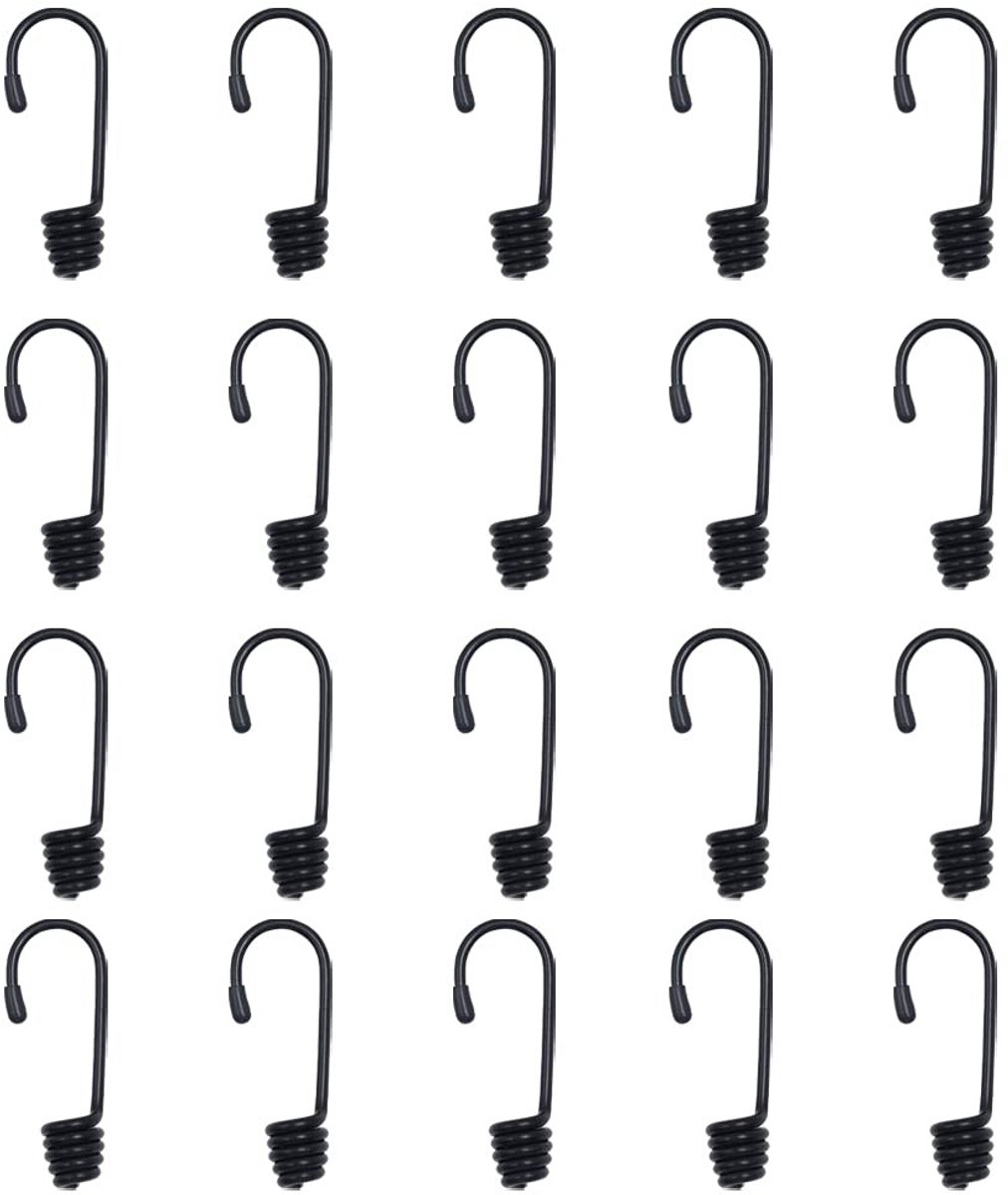 Dailygoods- Schokkoordhaak 20 Stuks - Kunststof Gecoate Bungee Haken - Zwart - 6 mm Binnendiameter - Lichtgewicht - Corrosiebestendig - Bungee Haak