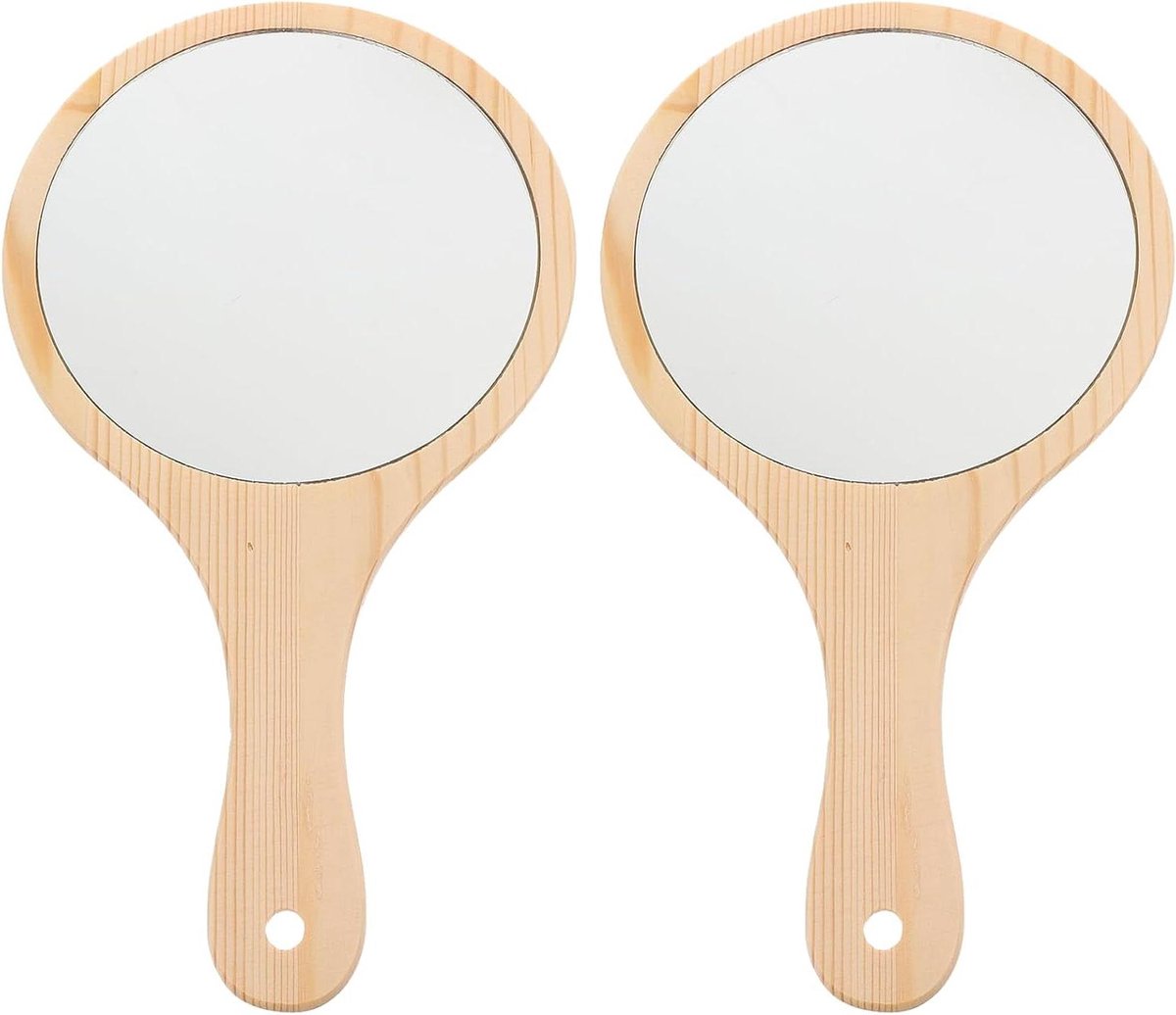 Handspiegel Set - Make-up spiegel - Make-up aanbrengen - Natuurlijke houten greep - 2 stuks - Beige