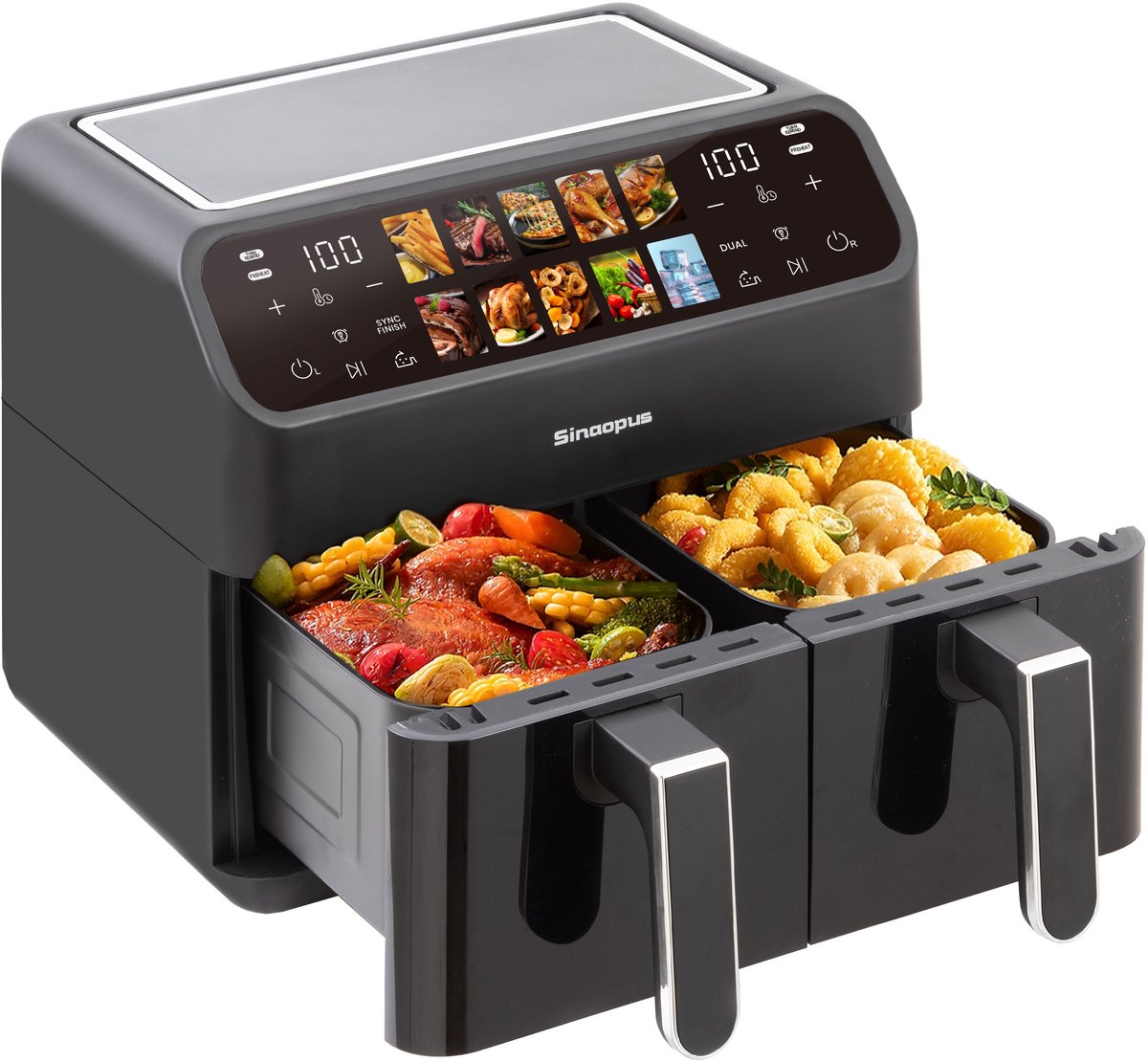 Digitale Airfryer XL 8L Sinaopus 901 – Heteluchtfriteuse met Dubbele Mand en DualMand Onafhankelijke Snelle Opwarming – Voor Gezinnen – 10 Programma’s – Kijkvenster – Makkelijk te Reinigen – Capaciteit voor 5 Personen