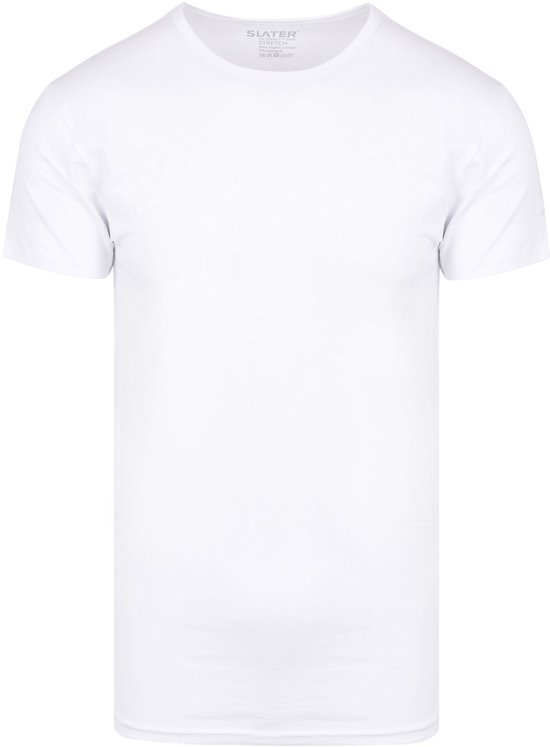 Wit Slater t-shirt met ronde hals, effen witte achtergrond.