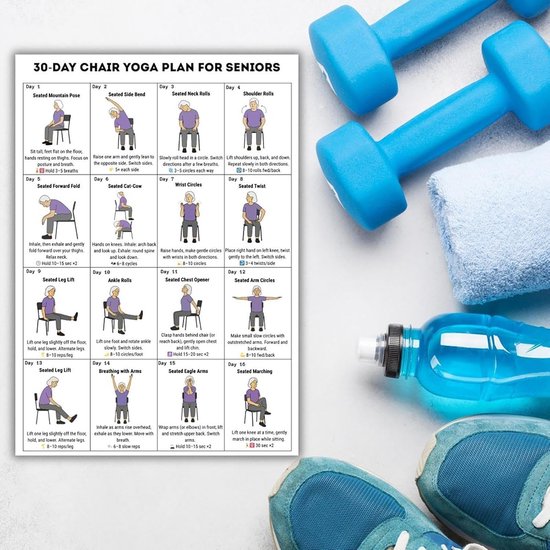 Stoelyoga Poster - Oefenschema Senioren - Thuis Fitness - Beschermt Gewrichten - 20.3x25.4 cm - Blauw — afbeelding 2