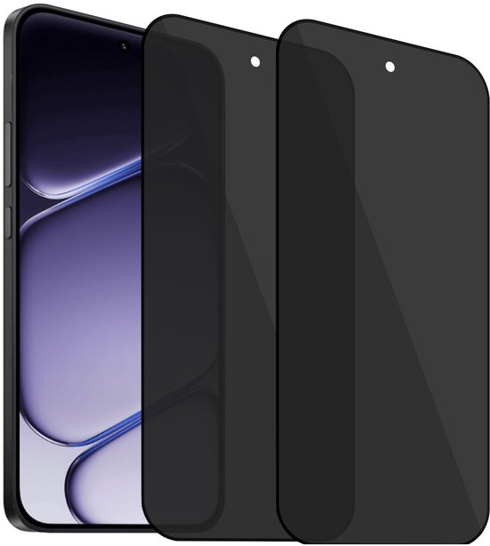 Twee zwarte privacy screenprotectors naast een smartphone met een paars thema.