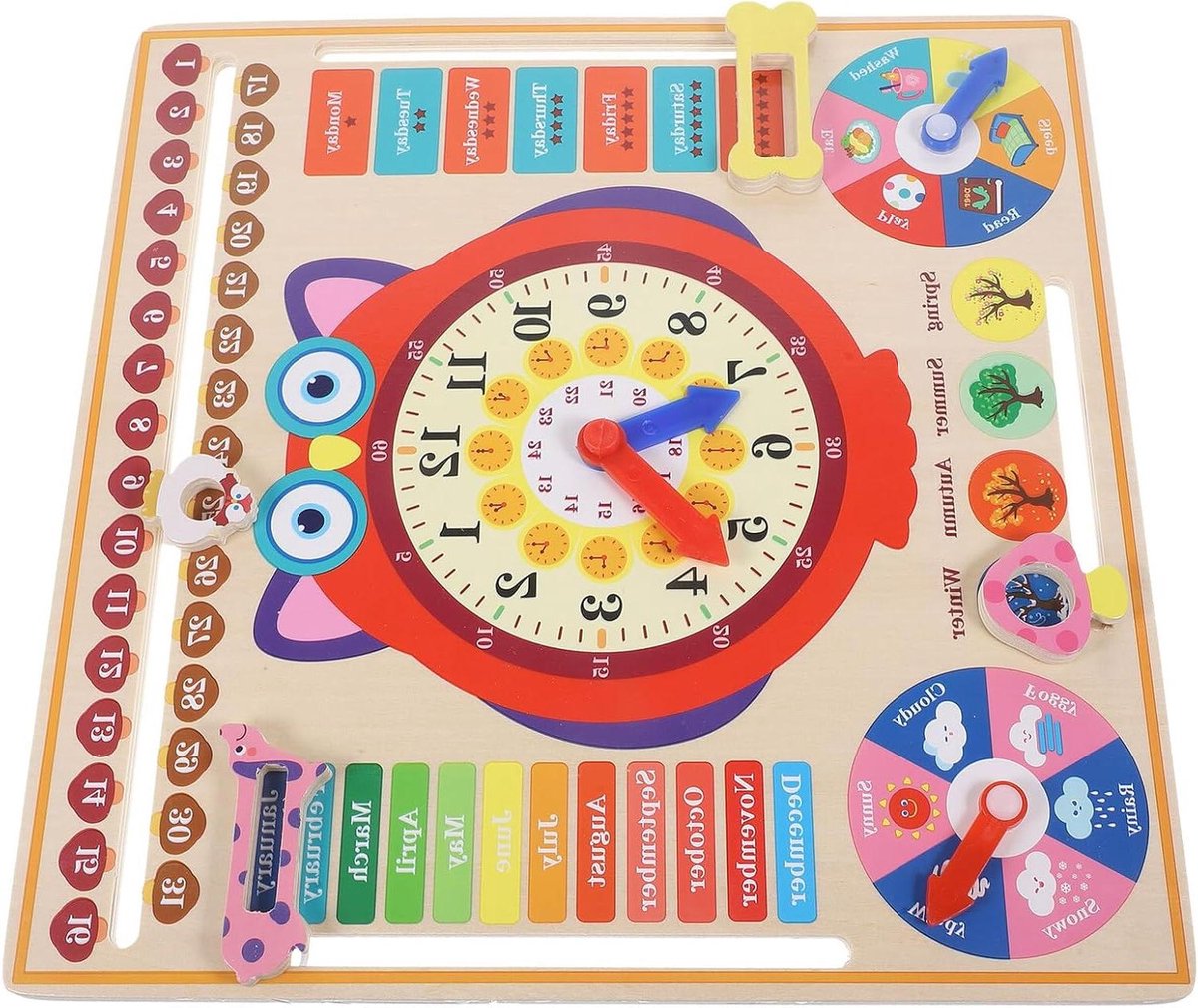 Houten Klok Speelgoed - Educatieve Leerklok - Tijd Leren - Natuurlijk Hout - 30x30x2 cm - Multicolor