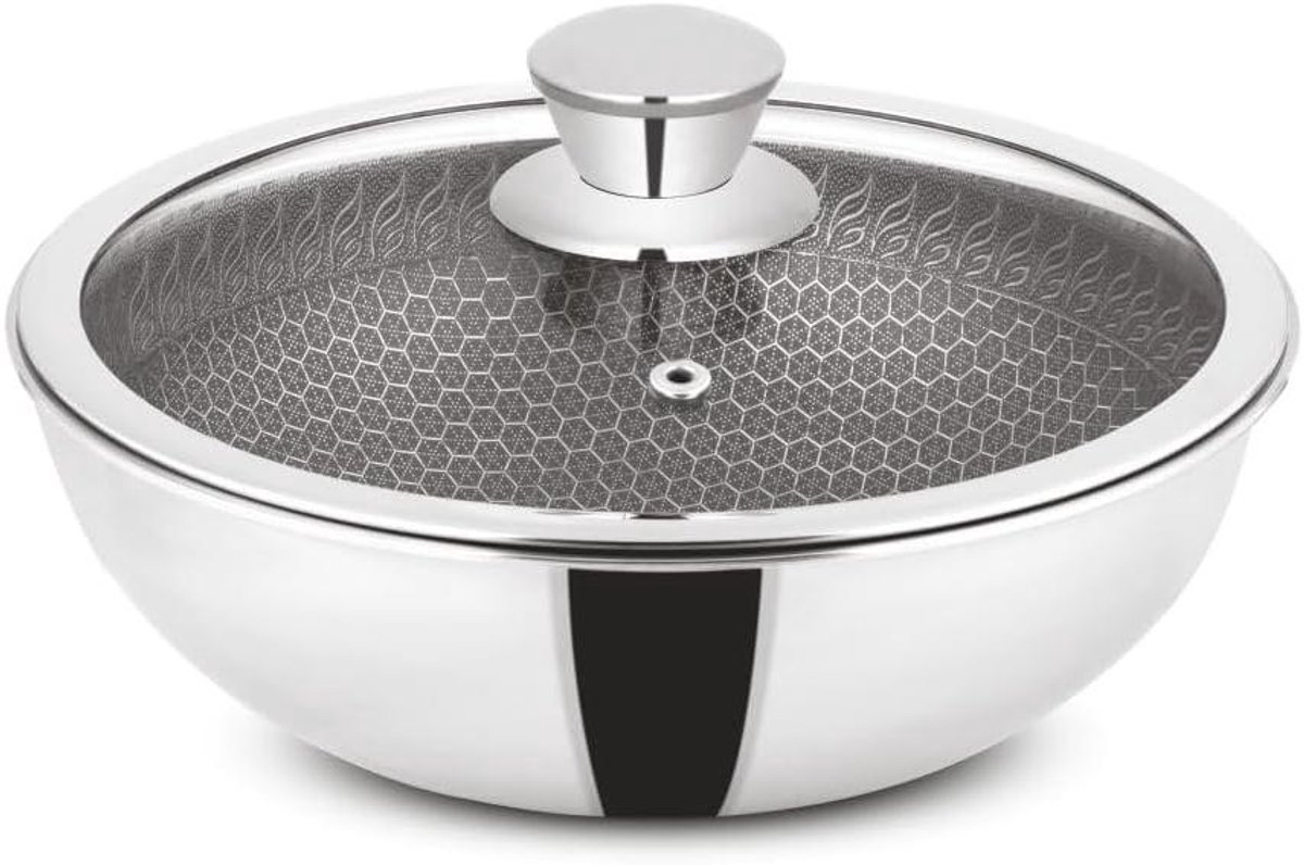 Diepe Kadai - Roestvrijstalen Pan - Curries Maken - Triply Constructie - 3 Liter - Zilver