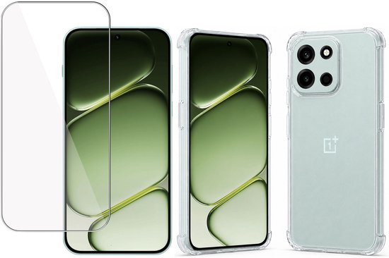 Coque de téléphone transparente avec coins renforcés, à côté d'un protecteur d'écran pour smartphone.