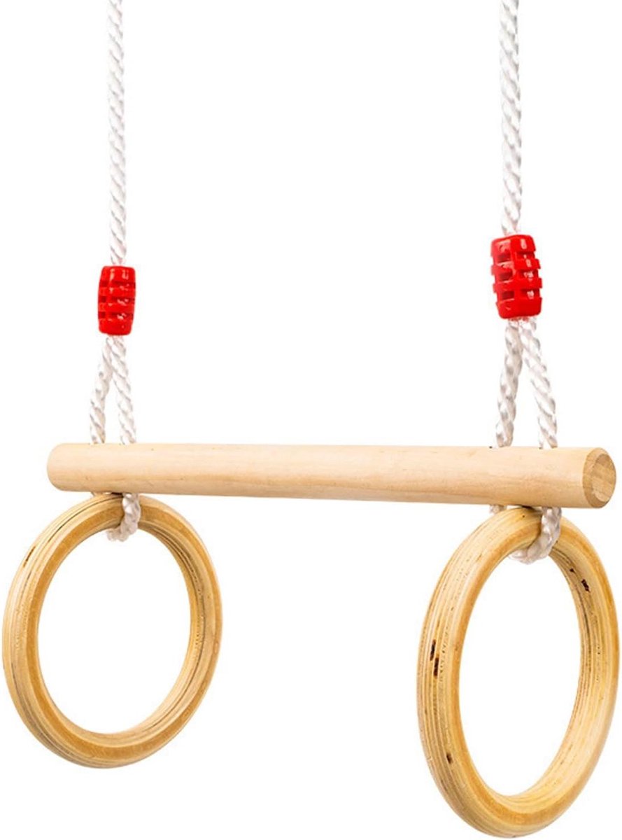 Houten Trapeze Ringen - Fitness Schommel - Krachttraining Buiten - Verstelbare Hoogte - Tot 150kg - Natuurlijk Hout