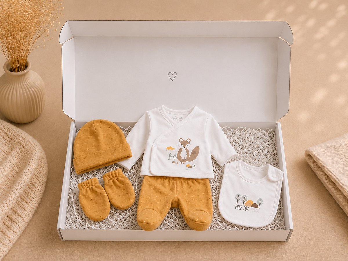 Blijeitje - Luxe 5-delige babycadeauset - Kraamcadeau Unisex met Mutsje, Shirtje, Broekje, Krabwantjes & Slab - Neutraal Vosje Design