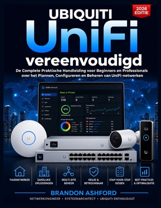 Livre "Ubiquiti UniFi Simplifié" avec équipement réseau et ordinateur portable, édition 2026.