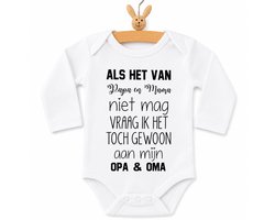 Baby Rompertje tekst | Als het van papa en mama niet mag vraag ik het toch gewoon aan mijn opa en oma | Lange mouw | wit zwart | maat 50/56 cadeautje zwangerschaps aankondiging hoera jullie worden grootouders