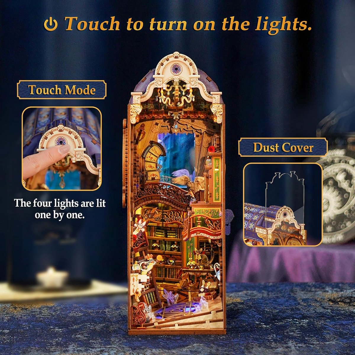 Tonecheer Magical Library Book Nook Bouwpakket - Modelbouw - 18,2 x 10,7 x 28,3 cm - DIY Pakket - Houten 3D Puzzel - Boekensteun - LED-licht - Bewegingssensor Licht - Boekenhouder — afbeelding 5