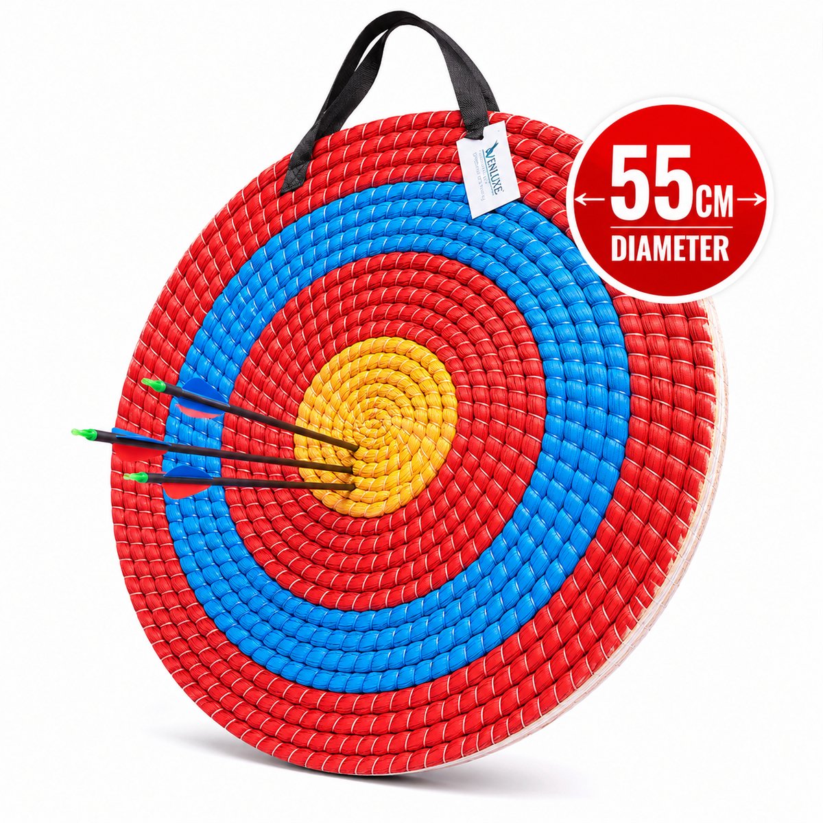 Enluxe Schietschijf Boogschieten 55 cm - Stro Doelschijf met Ophanglint - Herbruikbaar Target voor Pijl en Boog - Ronde Doel Schietschijf voor Beginners, Kinderen & Training