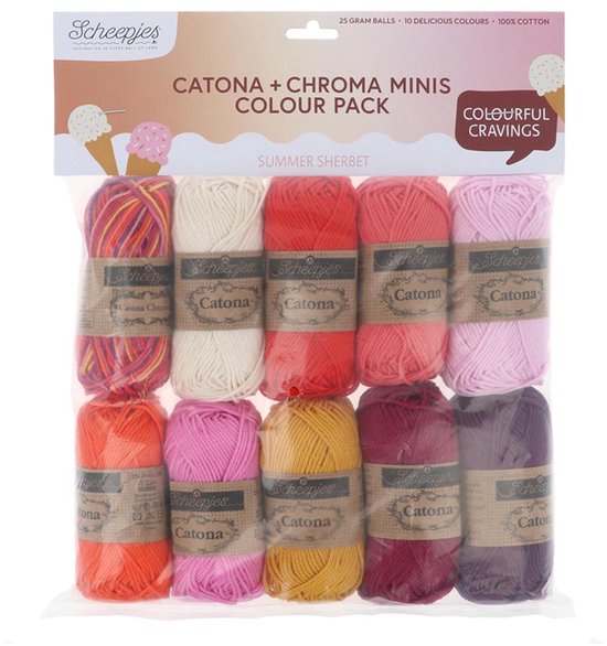 Emballage de dix mini pelotes de fil Catona et Chroma dans les couleurs Summer Sherbet. Les pelotes sont roses, oranges, jaunes, rouges, blanches et violettes.