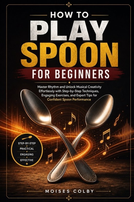 Boekomslag 'How To Play Spoon For Beginners' met twee gekruiste metalen lepels tegen een donkere achtergrond met muzieknoten.