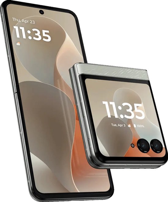Motorola razr 60 telefoon, deels opengeklapt, naast geopende telefoon.