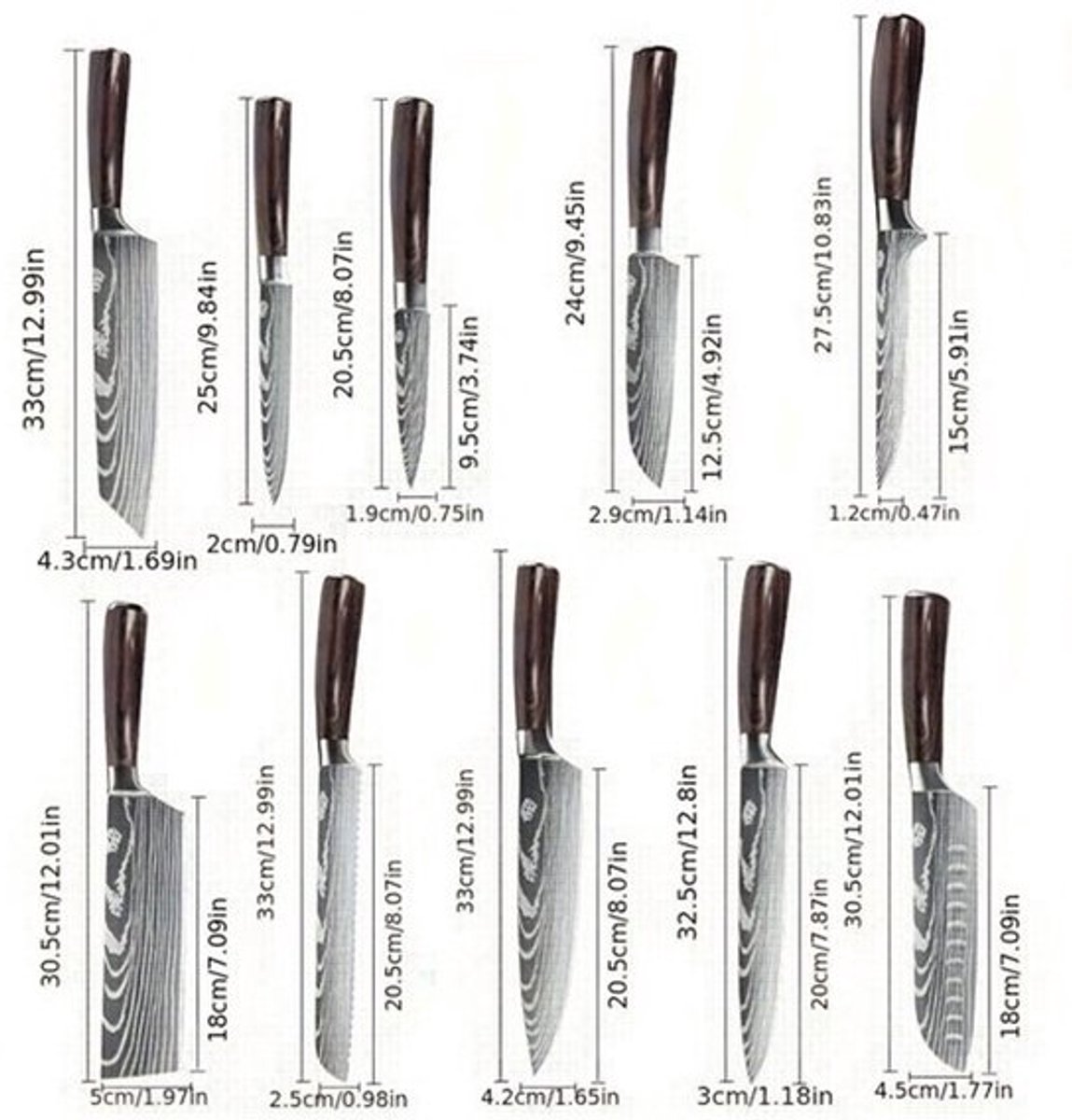 Koksmes Set – Keukenmessen – Chefsmessen – Santoku – Officemes – 10-Delig – Hoog-Koolstof Roestvrijstaal – Houten Handvatten