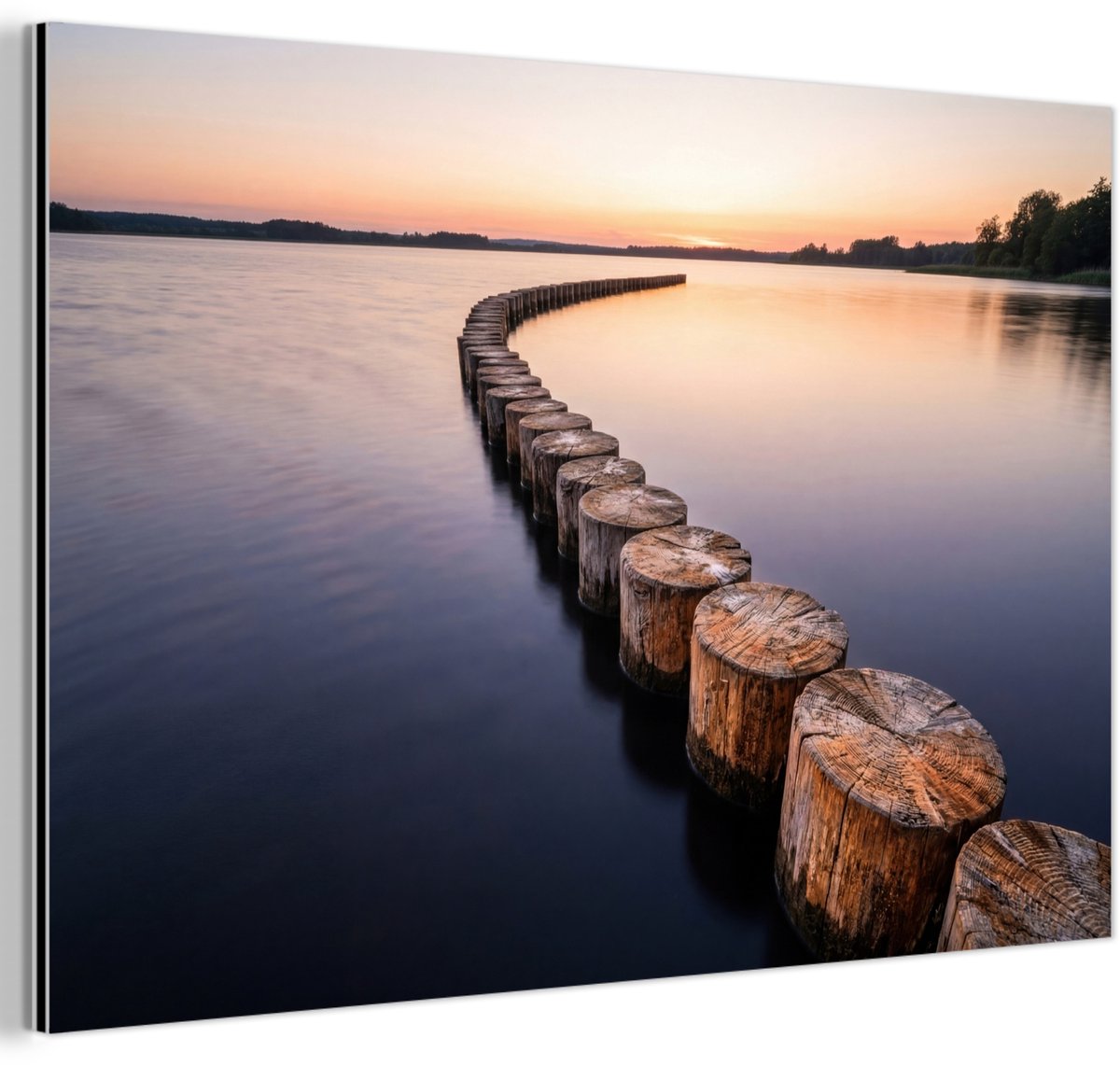 Aluminium schilderij 120x80 cm - Wanddecoratie metaal - Hout - Palen - Water - Metalen muu