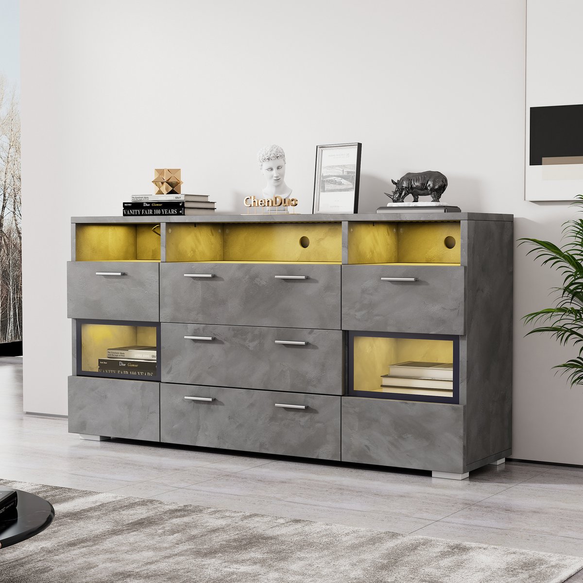 MODFU - Sideboard - Met Ledverlichting En Acryldeuren - Modern - Voor Woonkamer - Spaanplaat - Grijs - 140 X 33,5 X 72,5 Cm