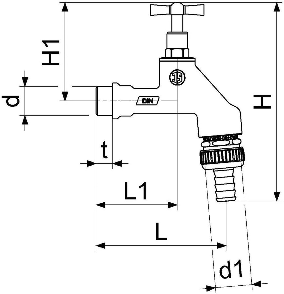 Schlösser Armaturen JS Uitloopventiel met buisbeluchter, met terugstroombeveiliging, met slangaansluiting, met knevelbediening, zware uitvoering, 1/2'', gepolijst chroom, DVGW gekeurd, 0017501550001