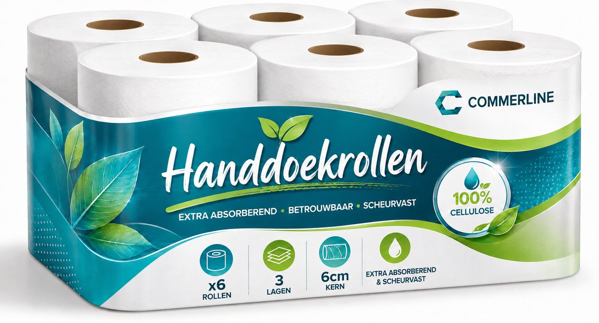 Commerline Handdoekrollen – 3-laags – 6 Rollen – 100% Cellulose – Extra Absorberend & Scheurvast – 6 cm Kern