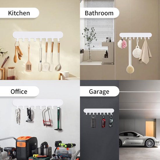 Witte sleutelhouder in keuken, badkamer, kantoor en garage. Keuken: met keukengerei. Badkamer: met handdoeken en borstels.